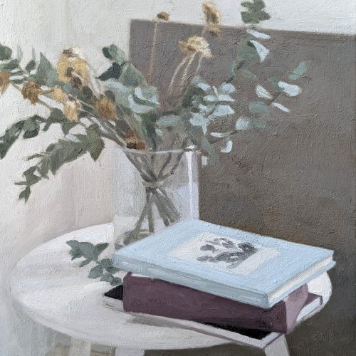 Maxime-Biou-Eucalyptus et livres chez-Juliette-50x40-huile-sur-toile-2025-2