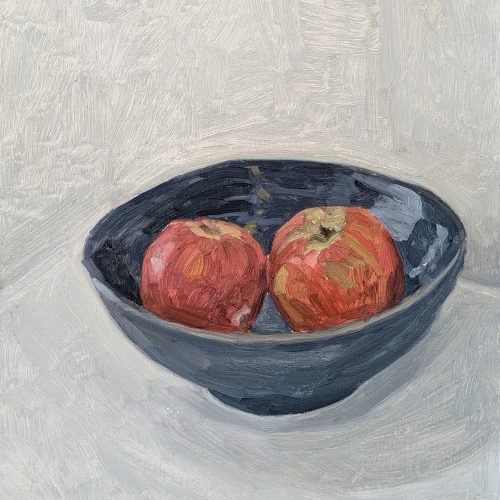 Maxime-Biou-Pommes-bol-bleu-41x33-huile-sur-toile-2025-2